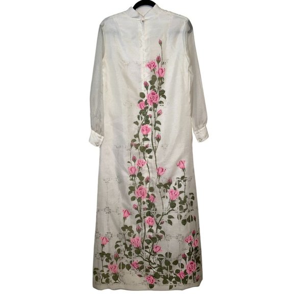 Vintage Alfred Shaheen Maxi Dress with Sheer Sleeve and Roses - Picture 6 of 7